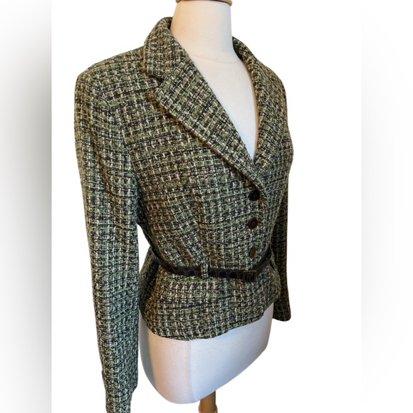 Zara Basic Green & Brown Tweed Wool blend Blazer with buttons & belt Size XL - Picture 5 of 13